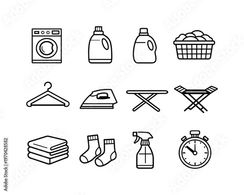 Laundry routine process: washing machine, detergent bottle, fabric softener, laundry basket, clothes hanger, iron, ironing board, drying rack, folded