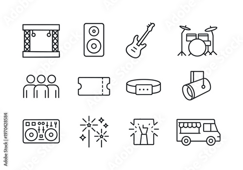 Music festival: stage, speakers, microphone, electric guitar, drum set, crowd group, ticket pass, wristband, spotlight, DJ console, fireworks, food