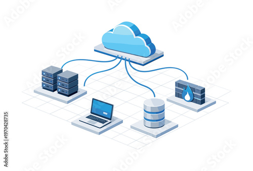 Isometric geometric composition showing a cloud computing architecture: a central cloud platform icon at top connected by flowing lines to server