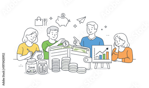 A simple financial budgeting scenario where individuals manage daily expenses and savings in a clear and organized way, using a visual metaphor of a