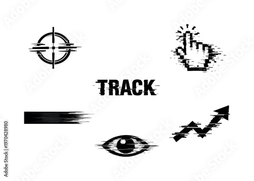 Digital advertising and tracking theme, a set of five glitch-distorted monochrome objects floating on a perfectly clean white background