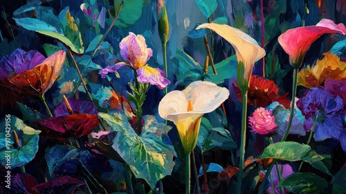 Vibrant botanical scene featuring lilies, caladiums, irises, and a peace rose set among lush tropical greens and jewel-toned petals. Painterly brushstroke textures and cinematic lighting illuminate a