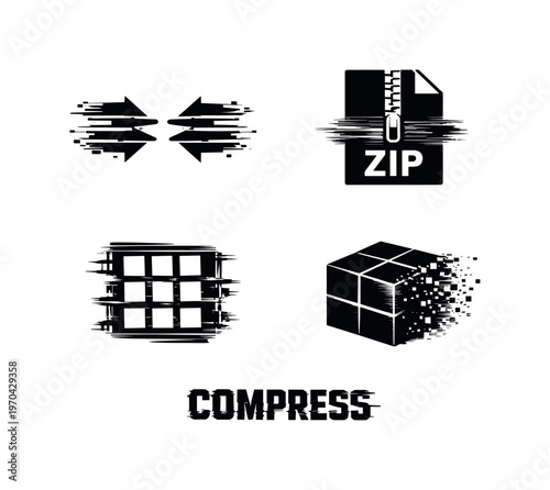 Digital compression and data reduction theme, a set of 4 glitch-distorted monochrome objects placed on a perfectly clean white background