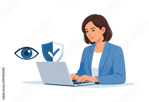 A professional maintaining data privacy awareness during a digital workflow, interacting with a laptop while a simple eye protection and shield symbol