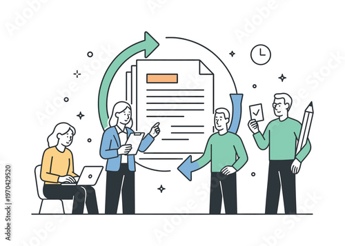 A document version tracking and revision history scene featuring a small group managing updates around a large document stack and circular arrows