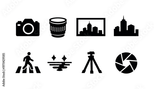 Street photography: camera, lens, photo frame, city skyline, pedestrian crossing, light reflection, tripod, shutter icon