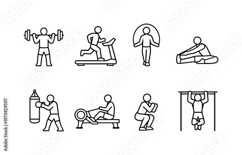 Fitness gym activities: weightlifting barbell, treadmill running, jump rope, stretching figure, punching bag, rowing machine, squat exercise, pull up