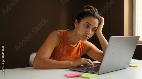 Woman feeling bored and tired while working on laptop