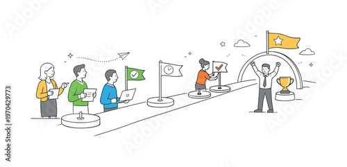 A structured steady workflow scenario where a team maintains consistent forward movement of tasks through clearly defined stages toward a final goal