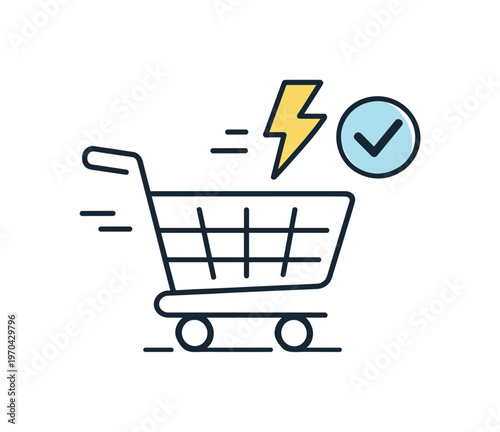 One-click checkout and frictionless e-commerce purchasing experience in modern online shopping, a simple shopping cart with a small lightning bolt and