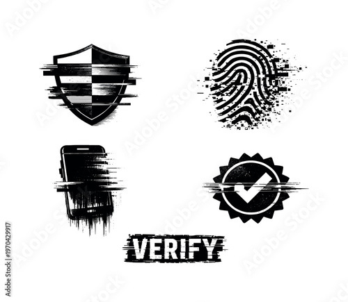 Digital multi-factor authentication and verification layers theme, a set of four glitch-distorted monochrome objects placed on a perfectly clean white