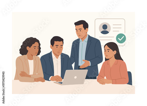 A team conducting a focused hiring decision discussion in a professional setting, gathered near a laptop while a simple candidate profile card and