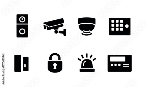 Home security devices: video doorbell, CCTV camera, motion sensor, alarm keypad, window sensor, smart lock, siren, control panel