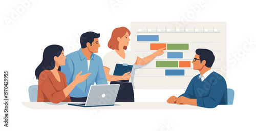 A team coordinating shared timelines during a structured planning discussion, gathered near a laptop while interacting with a simple synchronized