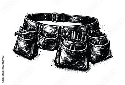 A rugged leather tool belt with hanging pockets shown in a three-quarter perspective, enlarged to dominate the frame as a layered utilitarian object