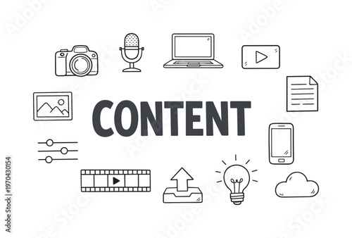 Digital content creation and creative workflow concept centered on producing media, editing materials and publishing content across modern online