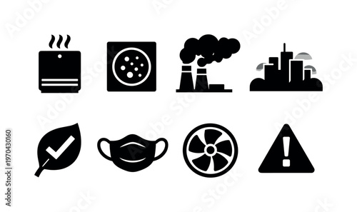 Air quality monitoring: air purifier, particulate sensor, factory smoke, city skyline haze, leaf with check, mask, ventilation fan, warning alert