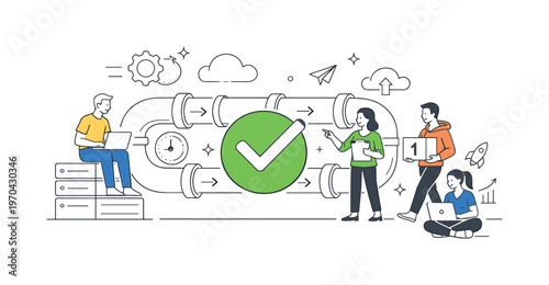 A continuous delivery and deployment pipeline scene showing a small team managing releases around a large pipeline and a checkmark, using a clean