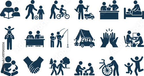 Collection of dark blue stick figures depicting various family and social interactions