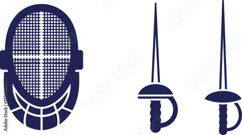 A dark blue illustration of a fencing mask and two swords