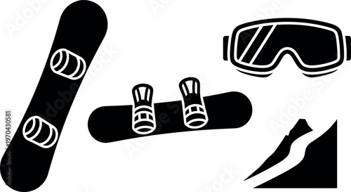 A collection of snowboarding equipment on a white background