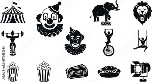 A collection of black and white circus and carnival themed icons