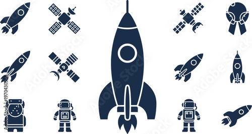 A collection of space icons including rockets and astronauts in a modern design