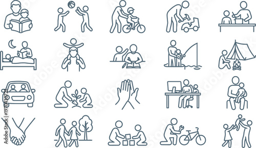Simple line icons depicting various family and parenting activities together always.