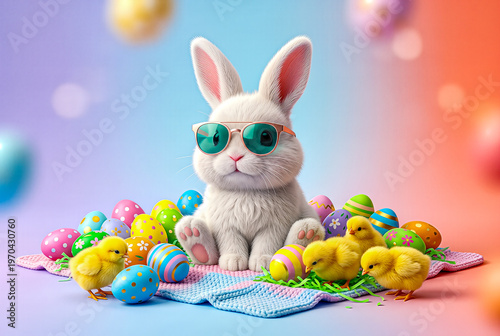 Whimsical Easter composition with a fashionable bunny in sunglasses, pastel eggs scattered in a flower field, and fluffy chicks gathered around, clean minimal and high-detail 3D style.