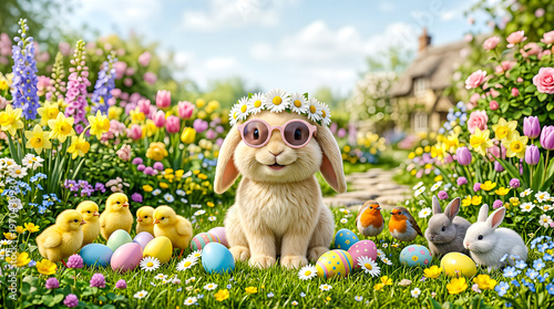 Stylish Easter bunny wearing sunglasses surrounded by colorful eggs, spring flowers, and tiny yellow chicks, ultra-detailed 3D render with soft shadows and joyful festive atmosphere.