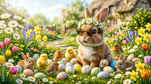 Playful Easter scene featuring a cool bunny with sunglasses, sitting in a blooming meadow with decorated eggs and fluffy chicks, bright colors and clean minimal composition.
