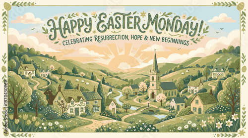 Happy easter monday greeting card with celebration text and peaceful village scenery illustrating resurrection and new beginnings