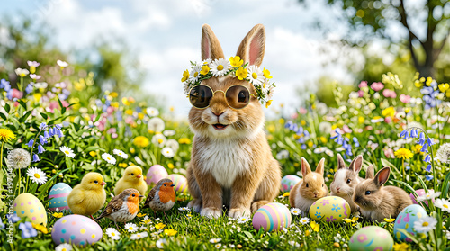 Adorable Easter bunny in trendy sunglasses posing among vibrant flowers and pastel Easter eggs, with baby chicks and a small bunny, soft lighting and cheerful seasonal mood.