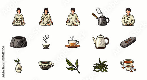 Hand-drawn vector icons of Asian tea ceremony and meditation. Features meditating figures, teapots, teacups, and tea leaves, symbolizing peace and cultural tradition.