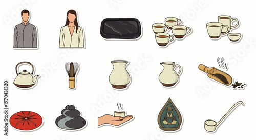 Beautiful vector icon set for traditional tea ceremony, spa relaxation, and wellness rituals, featuring people, teaware, and calming elements.
