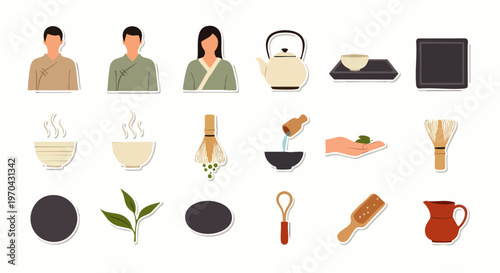Japanese Tea Ceremony Icons. Set of traditional matcha preparation elements including people, teapots, bowls, whisks, and tea leaves. Flat vector design.
