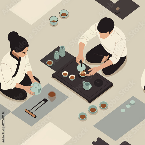 Traditional Asian tea ceremony illustration featuring a couple performing a mindful ritual with teapots and cups, showcasing cultural heritage and relaxation.