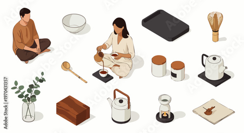 Isometric collection of traditional tea ceremony elements and people enjoying a mindful, relaxing experience. Healthy lifestyle and cultural ritual.