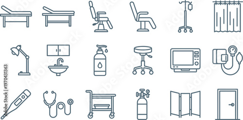 Medical equipment and hospital room icons for healthcare design