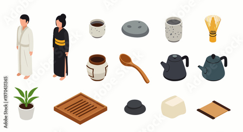 Isometric Japanese Tea Ceremony Elements Vector Illustration. Traditional Asian Culture Icons Set with People in Kimono, Teapots, Cups, and Utensils.
