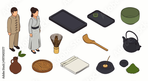 Isometric Japanese Tea Ceremony Elements Set: Traditional Matcha Utensils, People in Kimono, and Cultural Icons for Web and Print Design
