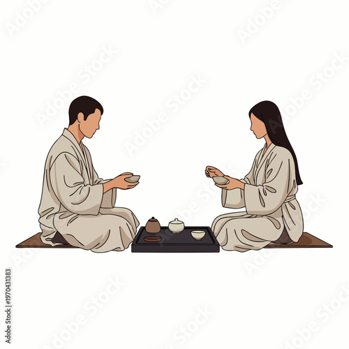 Couple enjoying a traditional Asian tea ceremony, sitting on floor cushions with elegant teaware, symbolizing peace, mindfulness, and cultural ritual.