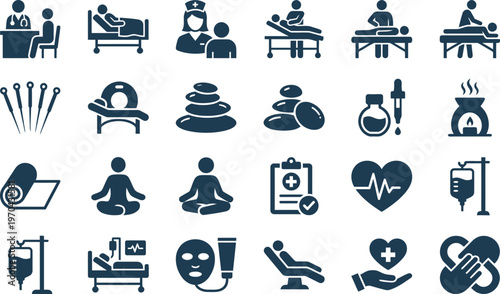 Healthcare and wellness icons featuring medical professionals, patients, and therapy symbols