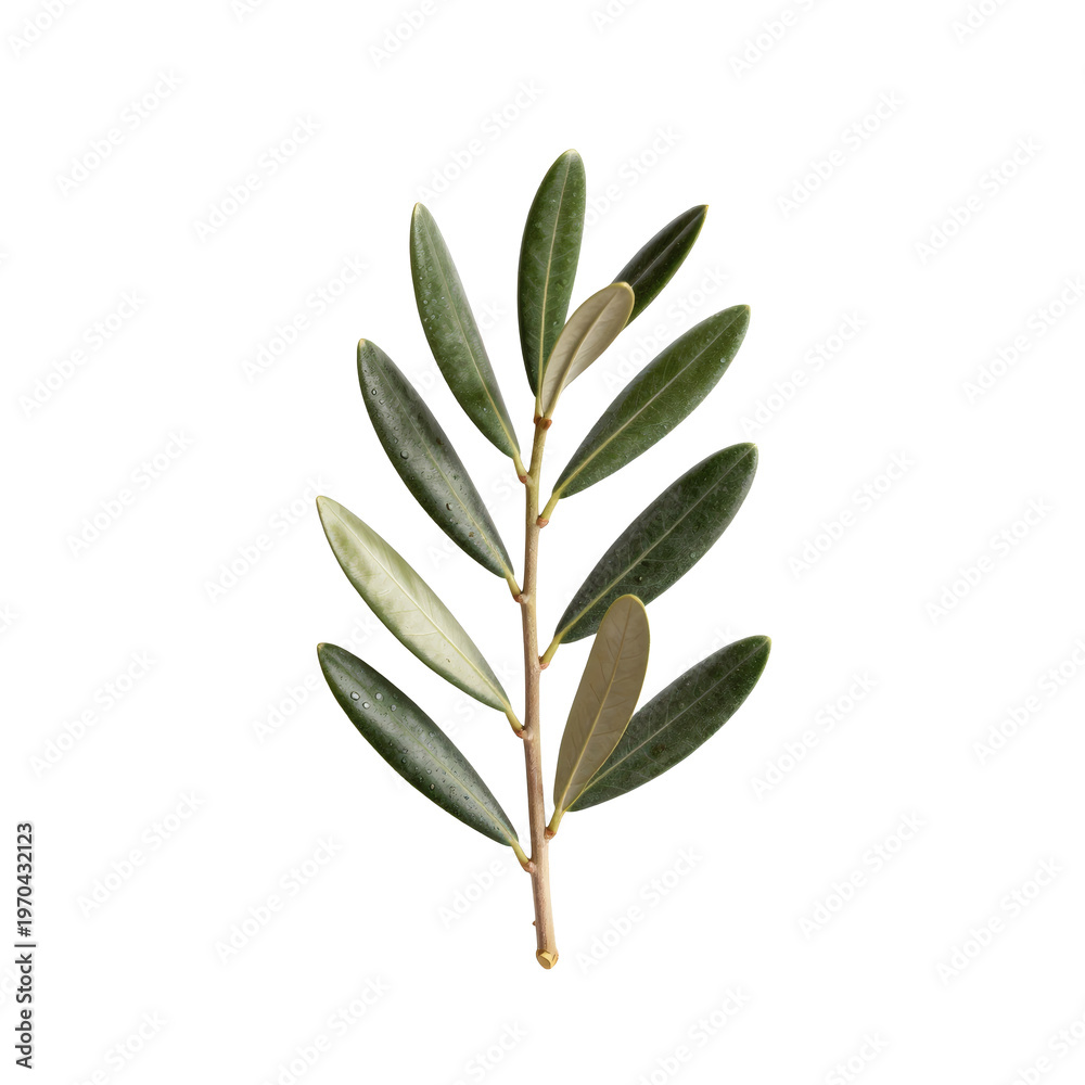 Obraz premium Single olive branch with vibrant green leaves on stark white background creates a peaceful feeling
