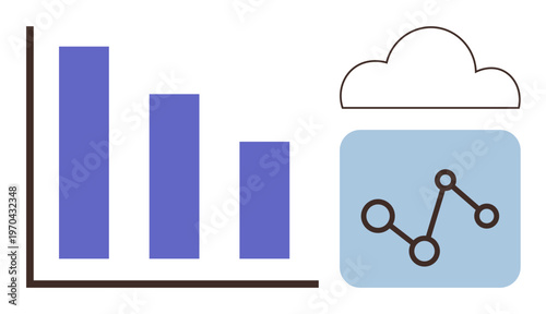 Data analytics, cloud computing, business insights, technology, performance metrics, trends analysis. Bar graph with declining trend and network diagram in a cloud . Data analytics and cloud