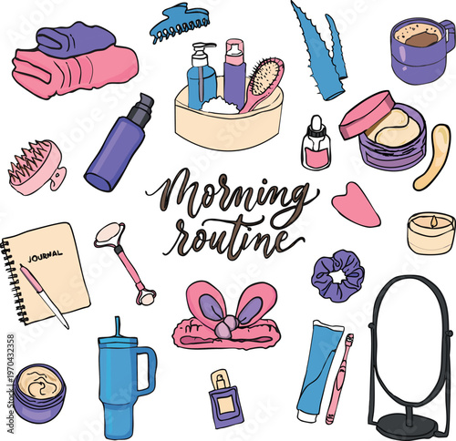 A hand-drawn vector collection of morning routine and self-care essentials. The set includes skincare bottles, a face roller, gua sha, towels, coffee mug, journal, hair accessories