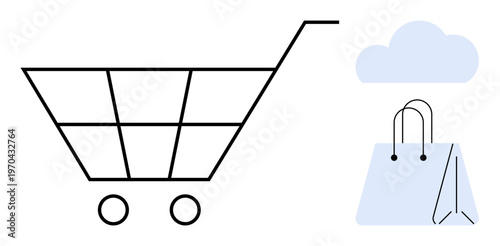 E-commerce, online marketplace, digital retail, cloud storage, shopping applications, consumer goods. Minimalist shopping cart, cloud and paper bag icons. E-commerce and digital retail theme