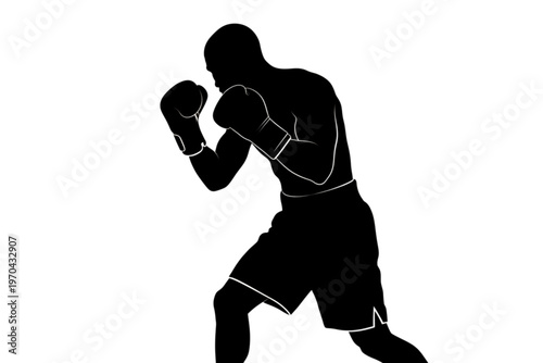 Silhouette of a Boxer: Capturing the strength and agility of a boxer in silhouette, ready to engage in a match with focused intensity. A powerful portrayal of athleticism and combat readiness.