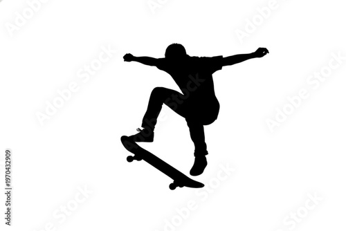 Skateboard Silhouette: A silhouette of a skateboarder performs an aerial stunt on their board, captured against a clean background, conveying motion and energy.