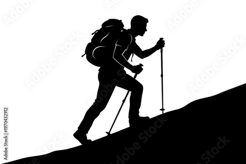 Trekking Silhouette: A determined individual embarks on a challenging trek, ascending a steep slope with unwavering resolve, with the aid of trekking poles and a sturdy backpack.